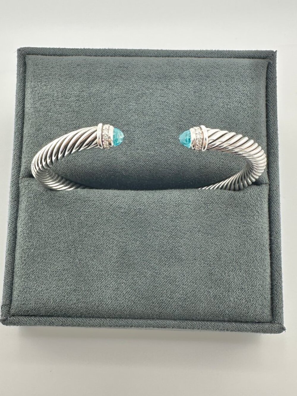 David Yurman Cable Cuff w/ Blue Topaz & Pavé White Diamonds - 5mm - Medium - Picture 3 of 15